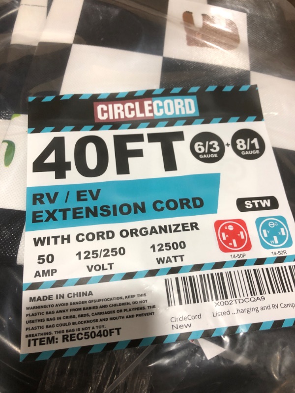 Photo 3 of CircleCord UL Listed 50 Amp 40 Feet RV/EV Extension Cord, Heavy Duty 6/3+8/1 Gauge STW Wire with Cord Organizer and Storage Bag, NEMA 14-50P Plug Suit for EV Charging and RV Campers Blue 50 Amp 40FT---NEW, FACTORY SEALED, OPENED FOR PICTURES