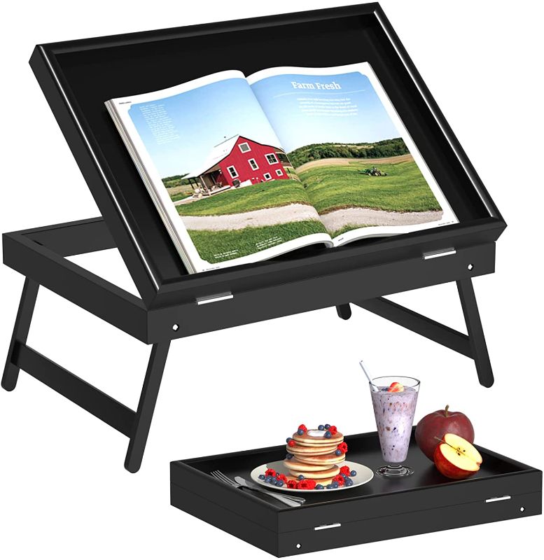 Photo 1 of Artmeer Bed Tray Table Breakfast Food Tray with Folding Legs Serving Tray for Laptop Desk, Bed,Sofa,Platters,TV,Snack,Eating Tray(Black, Medium) 