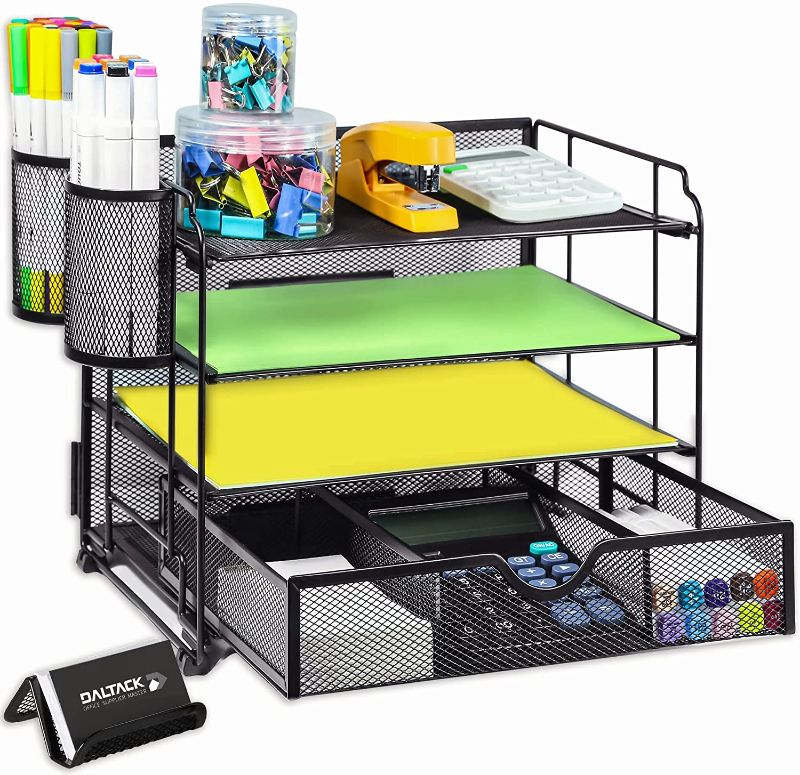 Photo 1 of DALTACK 4-Trays Desktop File Organizer with Pen Holder?Letter Tray Paper Organizer with Drawer and Pen Holders, Black Mesh Office Supplies File Holder?Desk Organizer for Office School Home

