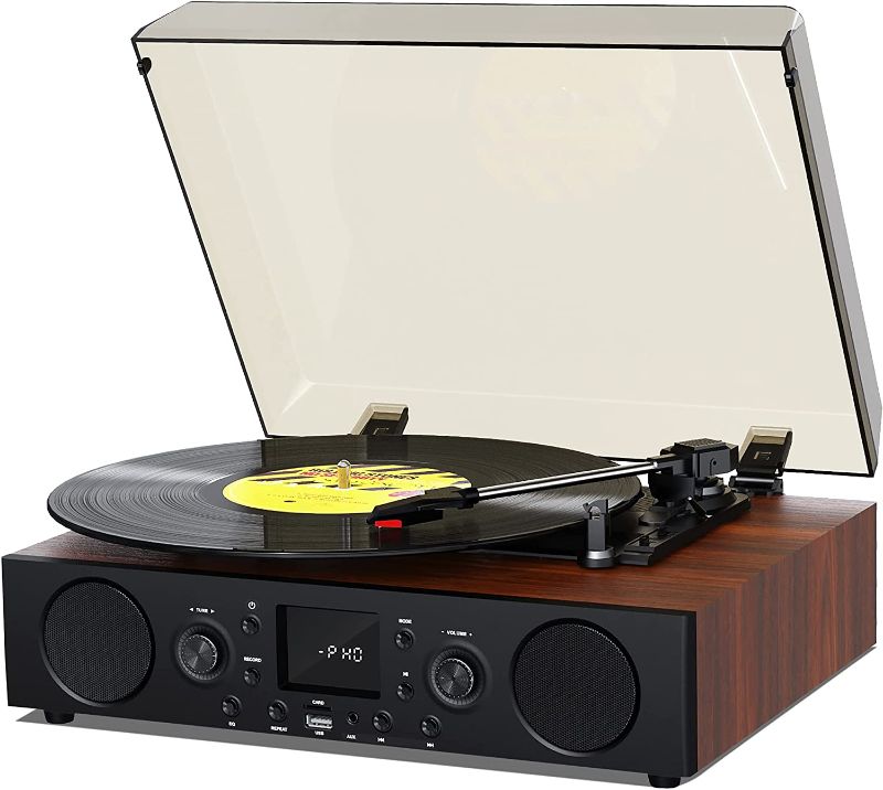 Photo 1 of Vinyl Record Player Bluetooth with Speakers USB Recording FM Radio, 3 Speed Vintage Turntable for Vinyl Records with Sound Equalizer, RCA Line-Out & Digital Display, Brown
