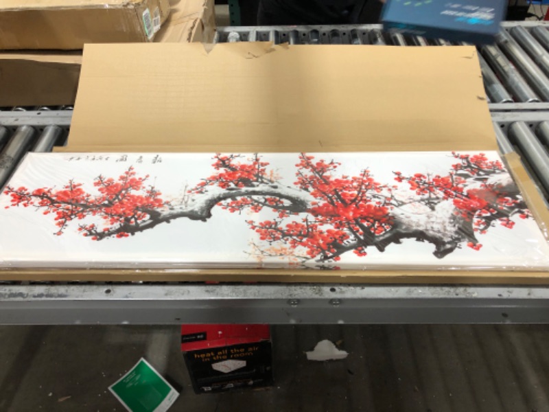 Photo 2 of Asian Decor Chinese Painting Wall Art Oriental Red Plum Blossom Canvas Pictures for Bedroom Wall Decor Chinese Ink Painting Home decor for Living Room Modern Artwork 13.7"×45.3" Stretched and Framed 35x115cm MH-1