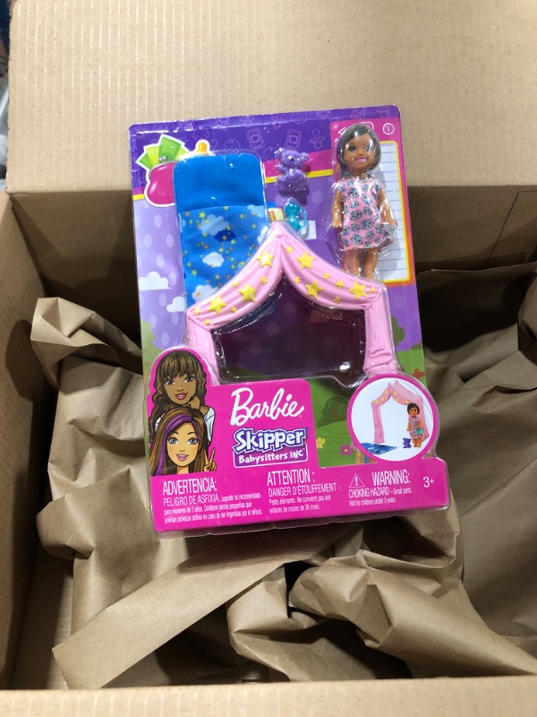 Photo 1 of Barbie Skipper Babysitters Inc. Doll Playset Includes Small Toddler Doll, Pink Tent and Cloud-Print Sleeping Bag, Plus Bottle and Teddy Bear, Gift for 3 to 7 Year Olds