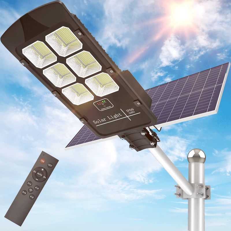 Photo 1 of 500W Solar Street Lights Outdoor Dusk to Dawn 30000 Lumens Solar Powered Light Motion Sensor Waterproof IP66 Security Solar Led Flood Light for Parking Lot/ Stadium/ Yard/ Garage/Garden (Cool White)
