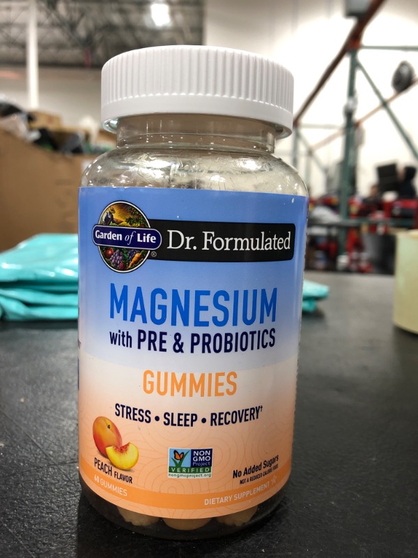 Photo 1 of Dr Formulated Magnesium Citrate Supplement with Prebiotics & Probiotics for Stress, Sleep & Recovery – Garden of Life - Vegan, Gluten Free, Kosher, Non-GMO, No Added Sugars – 60 Peach Gummies