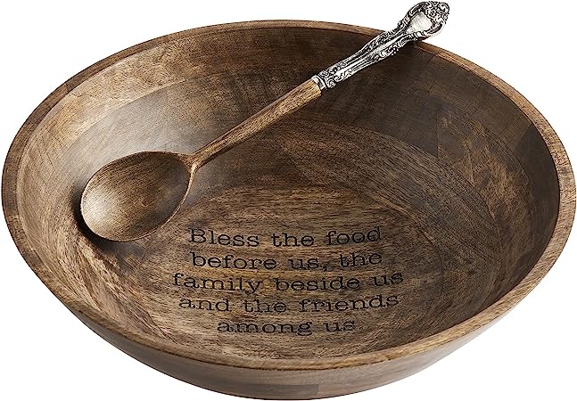 Photo 1 of 
Mud Pie Wooden Blessings Serving Bowl Set, Brown, bowl 4" x 14" dia | spoon 11"