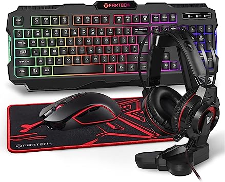 Photo 1 of FANTECH P51SE Gaming Keyboard and Mouse, Gaming Headset and Headphone Stand, Gaming Mouse Pad Combo - Wired RGB Rainbow Backlit PC Gamers Basic 5 in 1 Gaming Set - Black