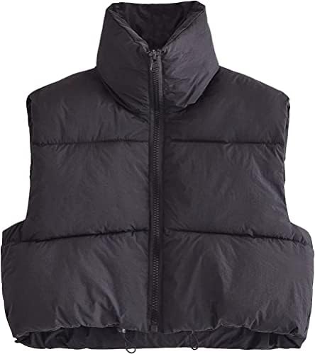 Photo 1 of Daacee Women's Lightweight Winter Crop Puffer Vest Warm Sleeveless Zip Up Stand Collar Padded Gilet