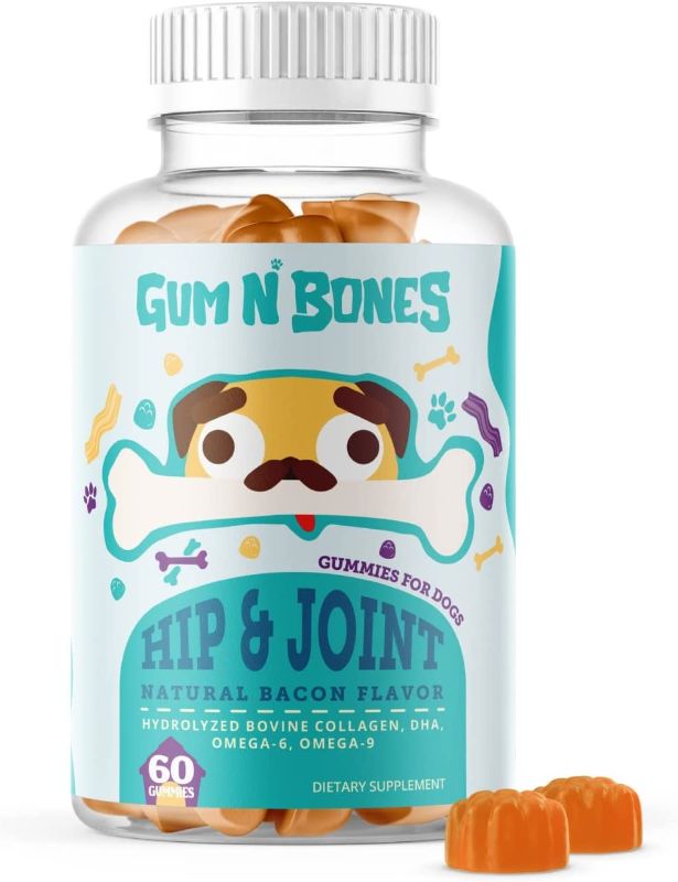 Photo 1 of Dog Supplement Gummies - Collagen Hip & Joint Health Supplement Support - Large Pack of 60 Gummies - Hydrolysed Bovine Bone Broth with Omega 6 & 9 - Gum n Bones https://a.co/d/1MqXgv7