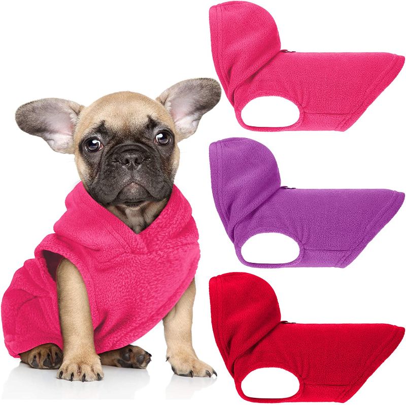 Photo 1 of 3 Pieces Dog Fleece Hoodie Puppy Fleece Pullover Dog Fleece Vest Sweatshirt Dog Apparel Winter Dog Clothes with Leash Ring for Small Medium Dogs (Red, Purple, Rose Red,S)