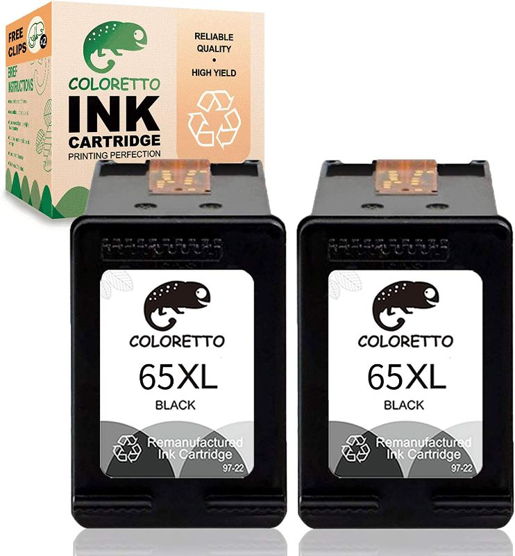 Photo 1 of COLORETTO Remanufactured Printer Ink Cartridge Replacement for HP 65XL to use with HP Deskjet 2622 2624 2652 2655 3720 3721 3722 3723 3732 3758,Envy 5052 5058 (2 Black) Combo Pack