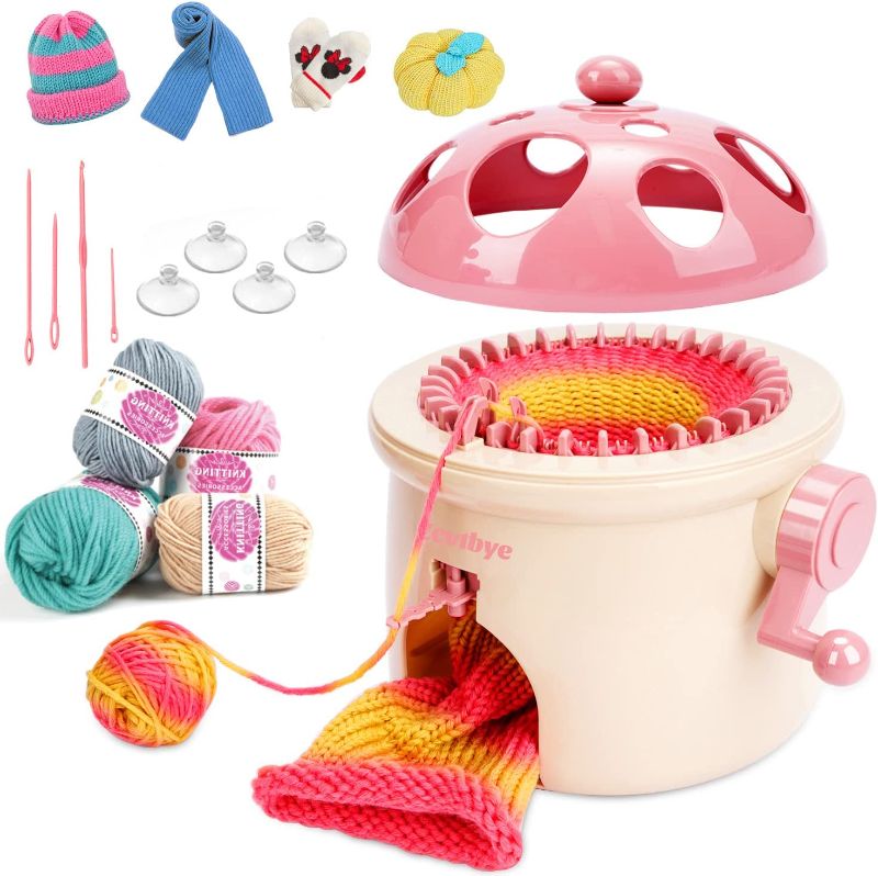 Photo 1 of Needles Knitting Machines Smart Weaving Loom Circular Crochet Machine, Round Mushroom Knitting Loom with Yarn Set, DIY Sock Hat Blankets Knitting Kit for Adults and Kids Interest Gifts