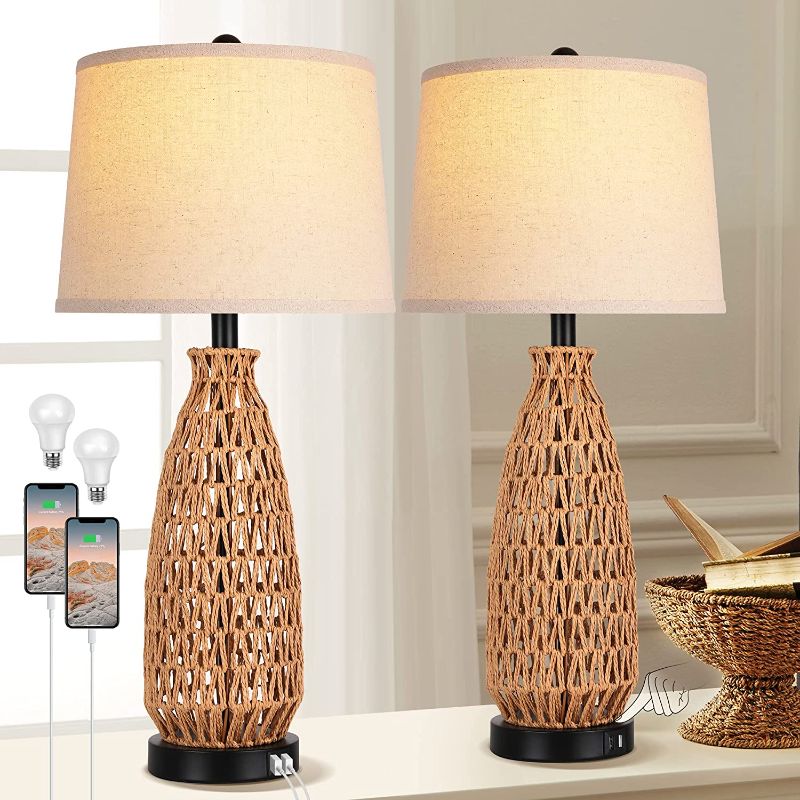 Photo 1 of Table Lamp for Living Room with Touch Control?3-Way Dimmable Bedside Lamps for Bedrooms Set of 2 with Dual USB Ports,27" Large Contemporary Coastal Rattan Nightstand Lamp, 2700K LED Bulbs Included