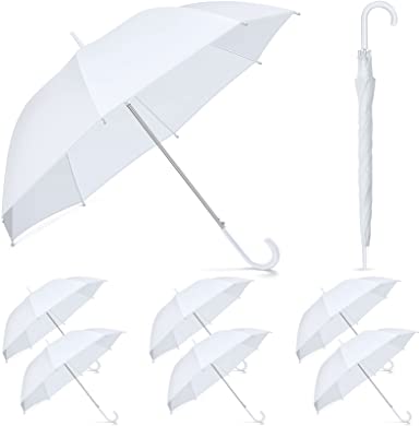 Photo 1 of 6 Pcs White Wedding Umbrellas Wedding Style Stick Umbrellas with J Hook Handle Large Canopy White Umbrella Auto Open Windproof Stick Umbrellas for Adults Kids Travel Rain (White, 39'') 