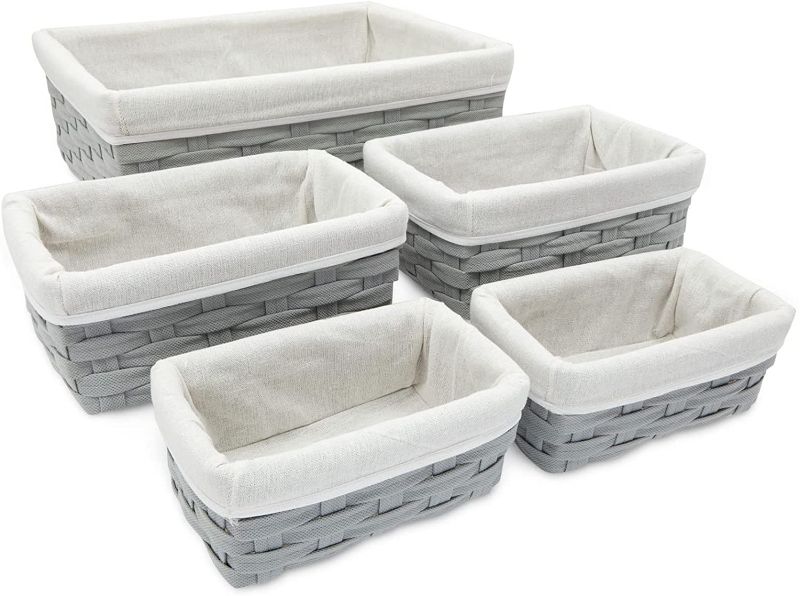 Photo 1 of 5 Piece Grey Wicker Baskets with Cloth Lining for Storage, Lined Bins for Organizing Closet Shelves (3 Sizes)
