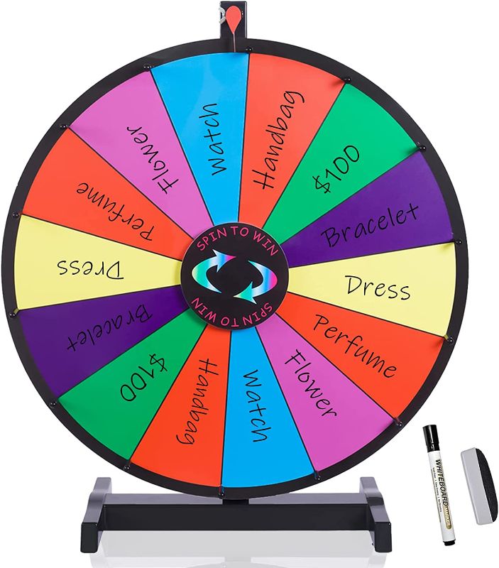 Photo 1 of iElyiEsy 24" Spinning Prize Wheel of Fortune 14 Slots Spinner Wheel for Prizes with Stand, Dry Eraser and Marker Pen for Trade Show Carnival