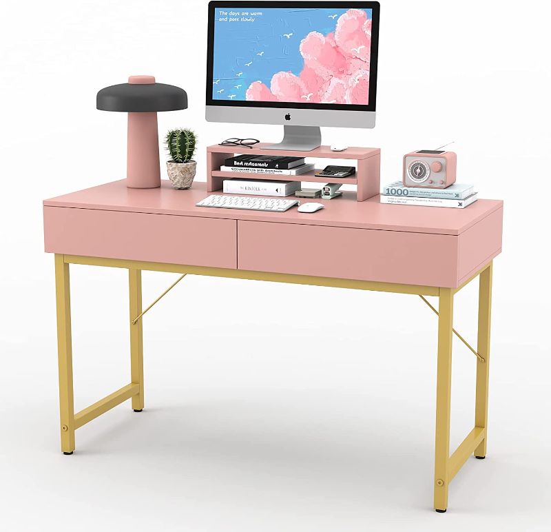 Photo 1 of WESTREE 39.3" Computer Gaming Desk Office - Study Writing Desk with Drawer for Teen, Bedroom Makeup Desk Home Office with Storage Shelf, Height Monitor Stand, Pink 