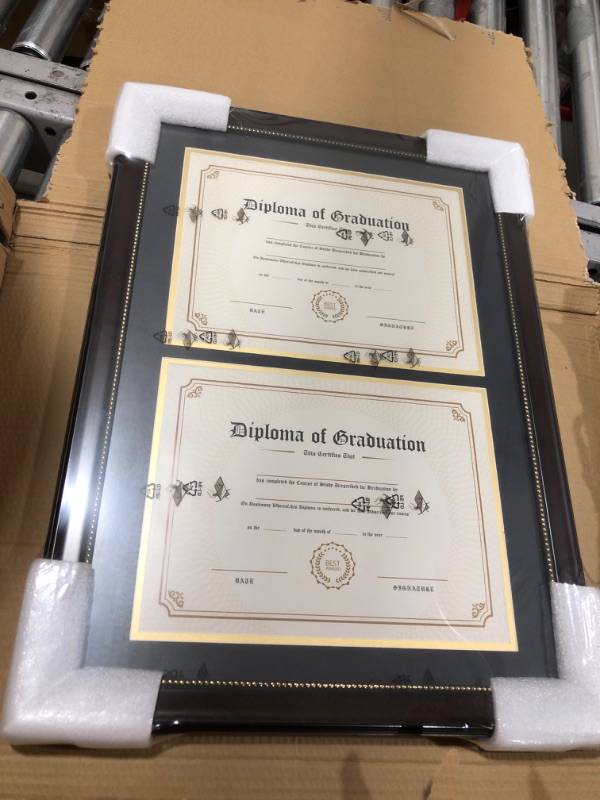 Photo 2 of  Double Diploma Frames 14x20 Fits Two 8.5x11 Inch Certificates, Documents and College Degree, Black Frame with Golden Trim for 8 1/2 x 11 with Black Gold Double Mat, Wall Mounting