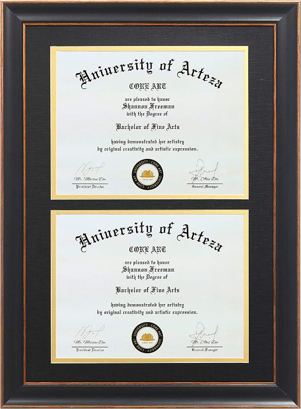 Photo 1 of  Double Diploma Frames 14x20 Fits Two 8.5x11 Inch Certificates, Documents and College Degree, Black Frame with Golden Trim for 8 1/2 x 11 with Black Gold Double Mat, Wall Mounting