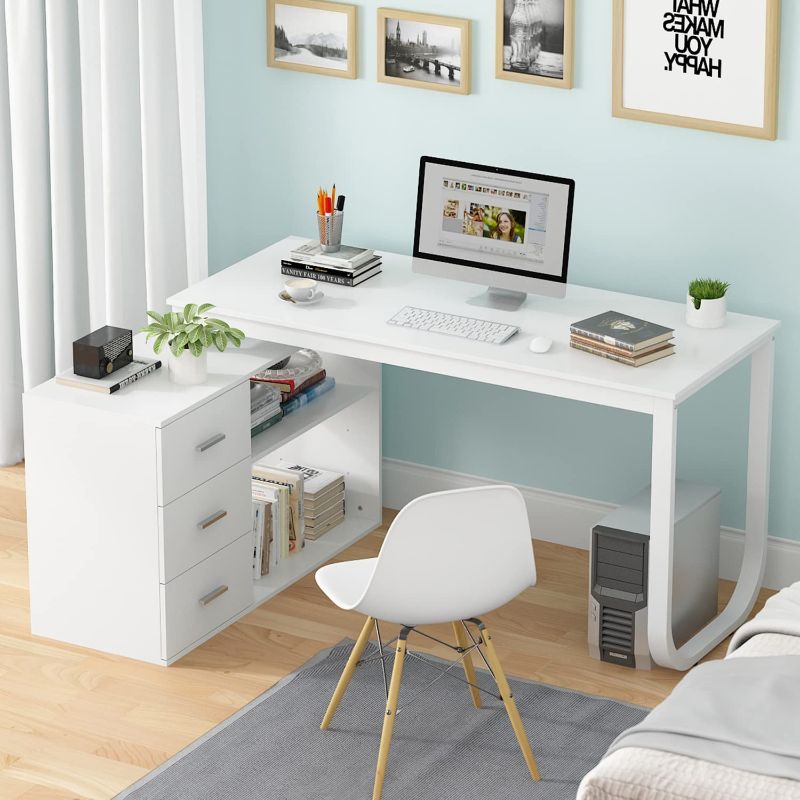 Photo 1 of Homsee Home Office Computer Desk Corner Desk with 3 Drawers and 2 Shelves, 55 Inch Large L-Shaped Study Writing Table with Storage Cabinet - White
