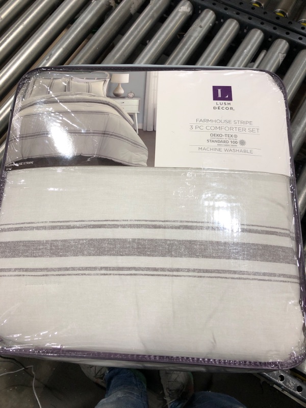 Photo 2 of 3pc King Farmhouse Stripe Reversible Cotton Comforter &#38; Sham Set Gray - Lush D&#233;cor