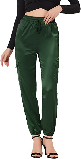 Photo 1 of Allegra K Women's Satin Joggers Drawstring Elastic High Waist Silky Satin Cargo Large