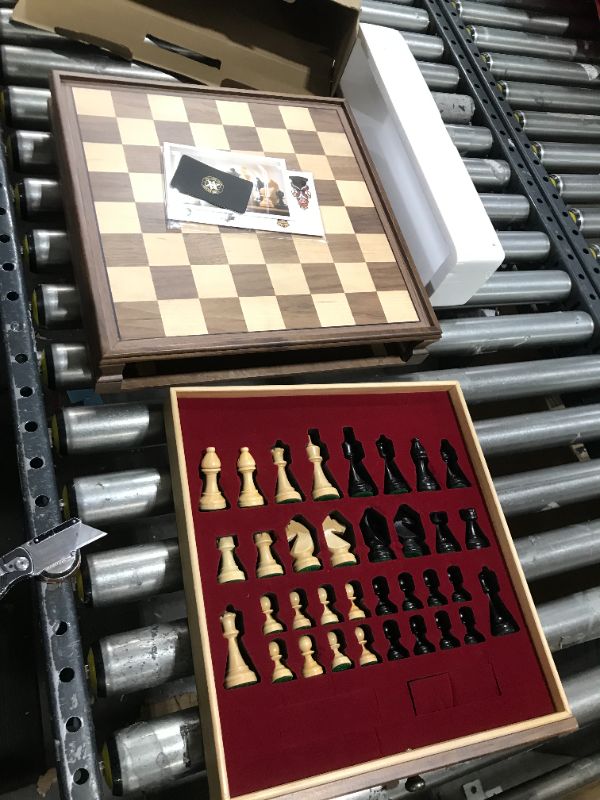 Photo 2 of A&A 15 inch Walnut Wooden Chess Sets w/ Storage Drawer / Triple Weighted Chess Pieces - 3.0 inch King Height/ Walnut Box w/Walnut & Maple Inlay / 2 Extra Queen / Classic 2 in 1 Board Games/ Chess Only Triple Weighted Pieces w/ Walnut Box