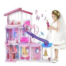 Photo 1 of 3.9 x 3.5-FT Doll House All Plastic Dream House with 3 Dolls, Pool, Slide, and Furniture Accessories, 3-Story Assembled Dollhouse with Light & Music Gift for 3 4 5 6 7 + Year Olds
