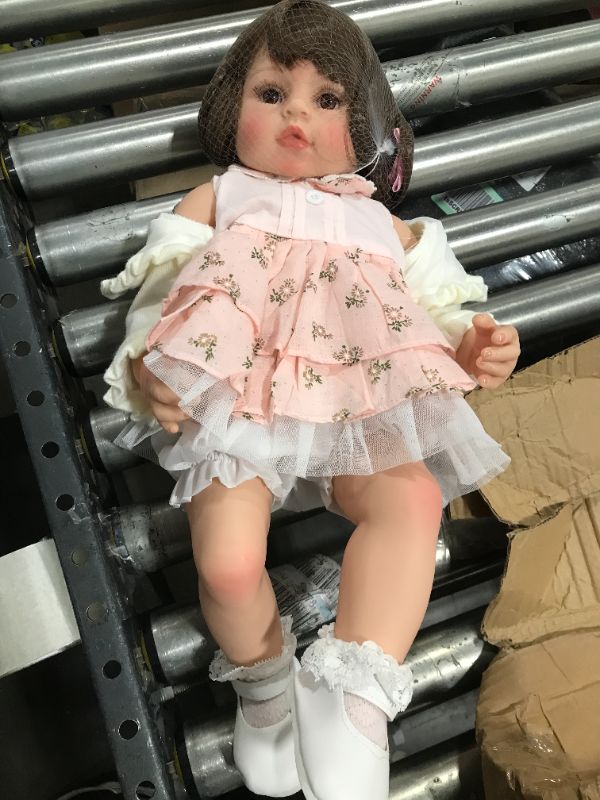 Photo 1 of  24"Cute Reborn Lifelike Baby doll Silicone Toy Long Golden Curly Hair Pink Dress up Girl Christmas Birthday Gift
