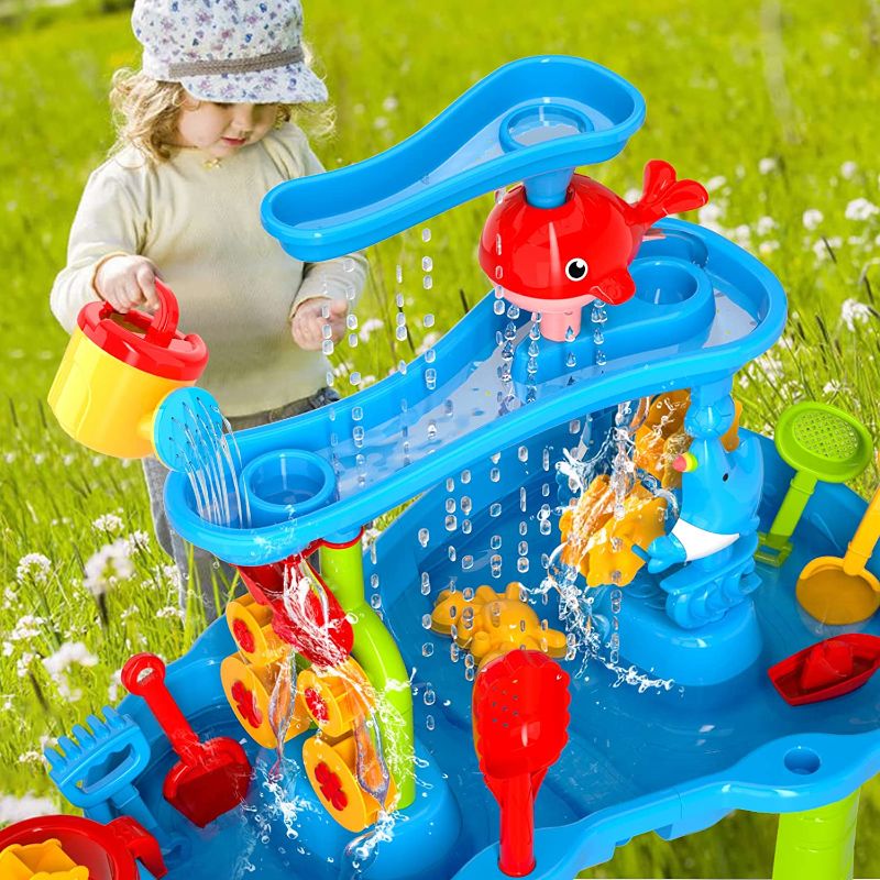 Photo 2 of Bennol Sand Water Table Toys for Toddlers Kids, 3-Tier Outdoor Sand and Water Play Table Toys for Toddlers Kids, Water Activity Tables Beach Toys for Outside Backyard for Toddlers Age 3-5