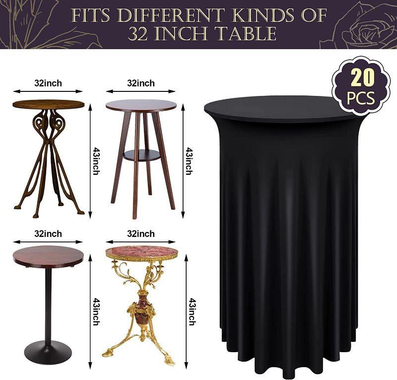 Photo 2 of 20 Pcs Cocktail Table Cloths 32 x 43 in Round Cocktail Table Skirt Spandex Cocktail Table Covers Round Tablecloth High Top Stretch Table Dress for Wedding Bar Banquet Birthday Commercial (Black)