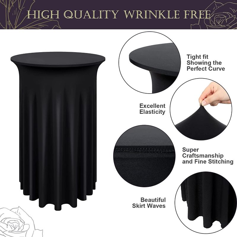 Photo 3 of 20 Pcs Cocktail Table Cloths 32 x 43 in Round Cocktail Table Skirt Spandex Cocktail Table Covers Round Tablecloth High Top Stretch Table Dress for Wedding Bar Banquet Birthday Commercial (Black)