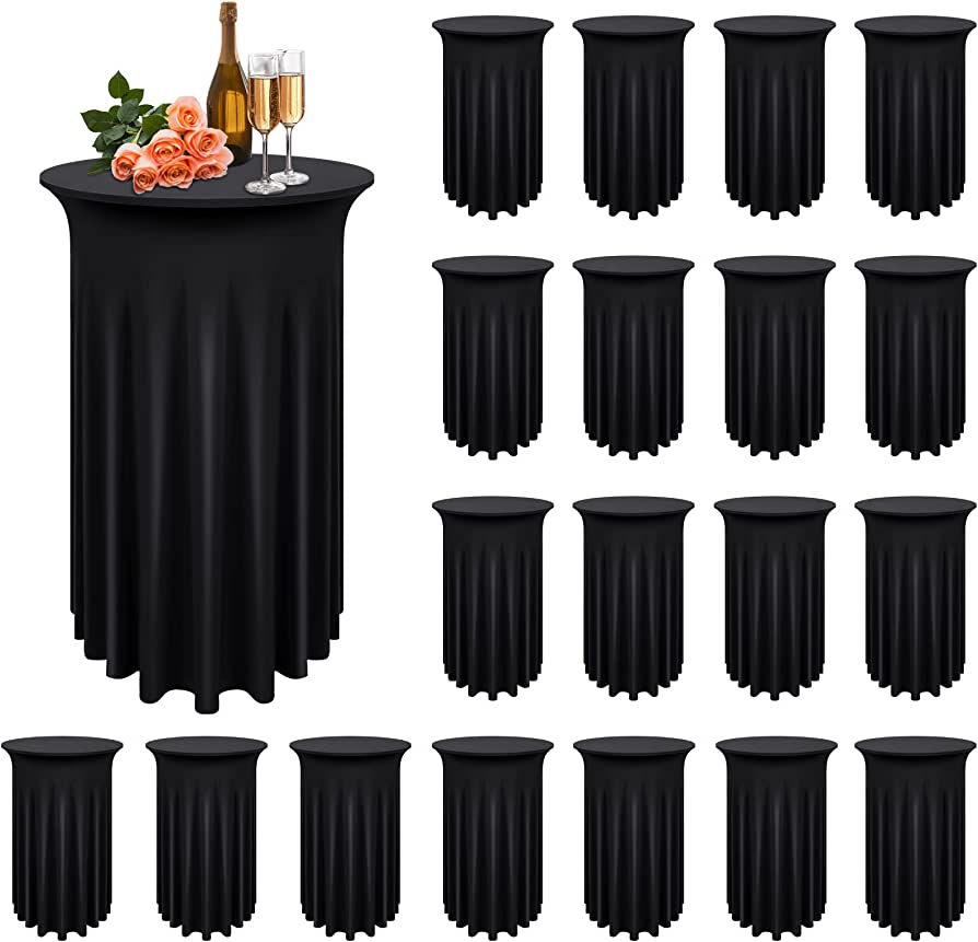 Photo 1 of 20 Pcs Cocktail Table Cloths 32 x 43 in Round Cocktail Table Skirt Spandex Cocktail Table Covers Round Tablecloth High Top Stretch Table Dress for Wedding Bar Banquet Birthday Commercial (Black)