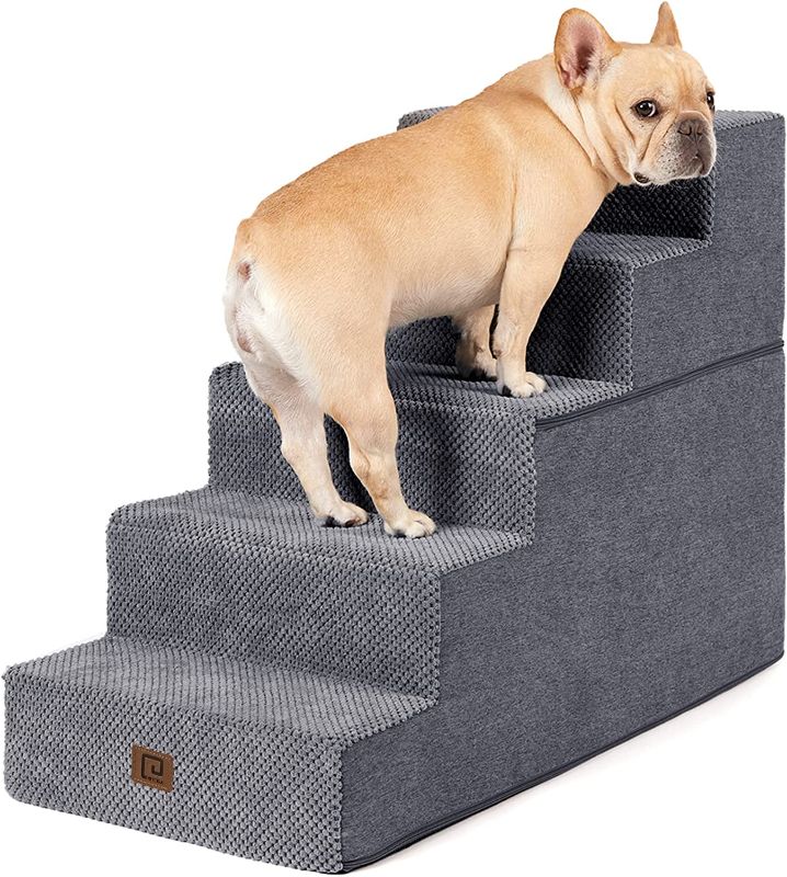 Photo 1 of  Dog Stairs for Small Dogs, 5Step Dog Stairs for High Beds and Couch, Folding Pet Steps for Small Dogs and Cats, and High Bed Climbing, Non-Slip Balanced Dog Indoor Step, Grey, 3/4/5 Steps
