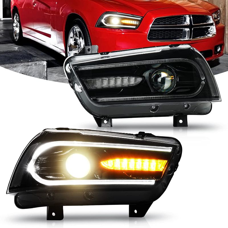 Photo 1 of Gubebaili Dual Projector Headlight Assembly Pair for 2011-2014 Dodge Charger R/T Pursuit SRT8 SXT Plus, LED Front Head lamp with DRL Sequential Turn Signals, Clear Lens
