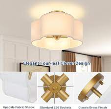 Photo 1 of 4-Light Semi Flush Mount Ceiling Light Fixture, Gold Modern Close to Ceiling Lamp with White Fabric Shade, Farmhouse Bright Lighting Brass Finish for Nursery Kids Room Bedroom Kitchen Hallway Entryway
