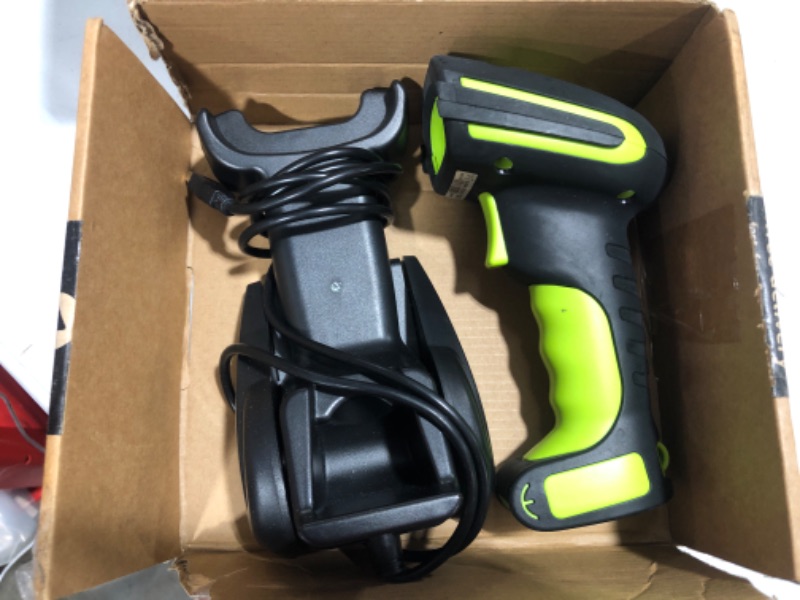 Photo 2 of Alacrity Upgraded 2D Industrial Barcode Scanner with Wireless Charging Stand, 1968 Feet Transmission Distance 433Mhz Wireless & Bluetooth 2in1 Barcode Reader, Shock Dust Proof Hands Free