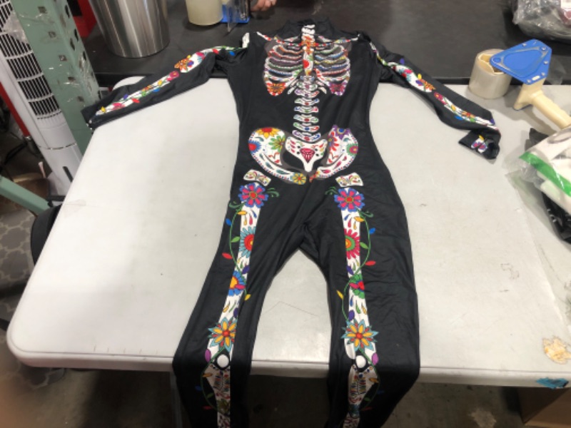 Photo 2 of 3D Skeleton Costume Women Halloween Cosplay Dress up Accessories Women Skeleton Bodysuit with Skeleton Gloves Dia De Los Muertos Skull Print Long Sleeves Jumpsuit for Women by Joy Bang (L) Large