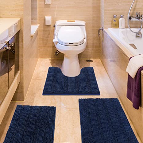 Photo 1 of ACCUMTEK Extra Soft Beige Bathroom Rugs and Mats Set 3 Pieces Bathroom Rug Set, Thick Chenille Bath Rugs Non Slip, Absorbent Plush Shaggy Bath Mats for Bathroom, Shower, Machine Washable THICK SET OF 3 NAVY BLUE