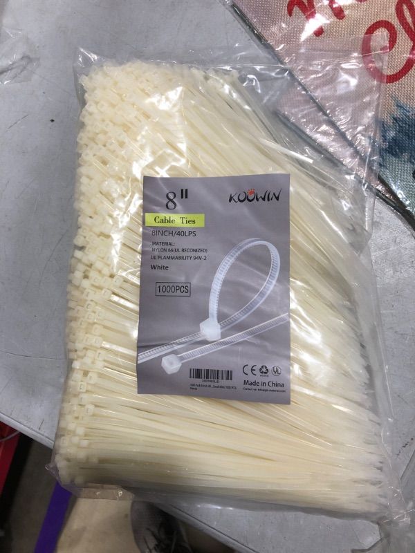Photo 2 of 1000 Pack 8 Inch Bulk KOOWIN Nylon Plastic Cable Zip Ties Medium Wire Wraps White 8 inch 40 lb (1000 pcs) White