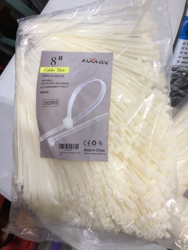 Photo 2 of 1000 Pack 8 Inch Bulk KOOWIN Nylon Plastic Cable Zip Ties Medium Wire Wraps White 8 inch 40 lb (1000 pcs) White