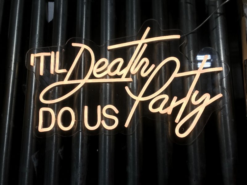 Photo 1 of Neon Signs Til Death Do Us Perty-Transparent Acrylic Light Up Lights Signs for Room Bedroom Wall Indoor Decor Led Neon Light Sign for Bar Christmas Party Wedding Kid Girl boy Living Room Office White 21.6×13IN Snow White