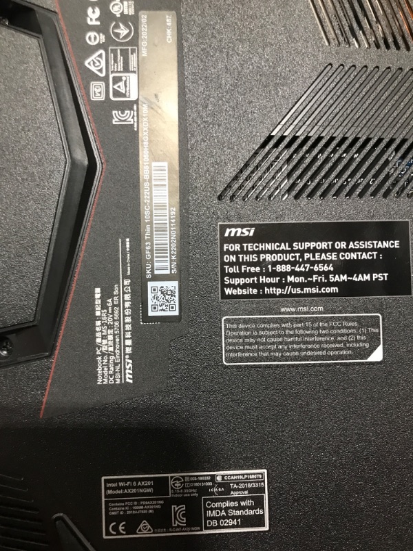 Photo 4 of MSI Computer GF63, NVIDIA GeForce GTX 1650 Graphics, 15.6" 8GB 256GB Intel Core i5-10300H X4 2.5GHz Win10, Black
