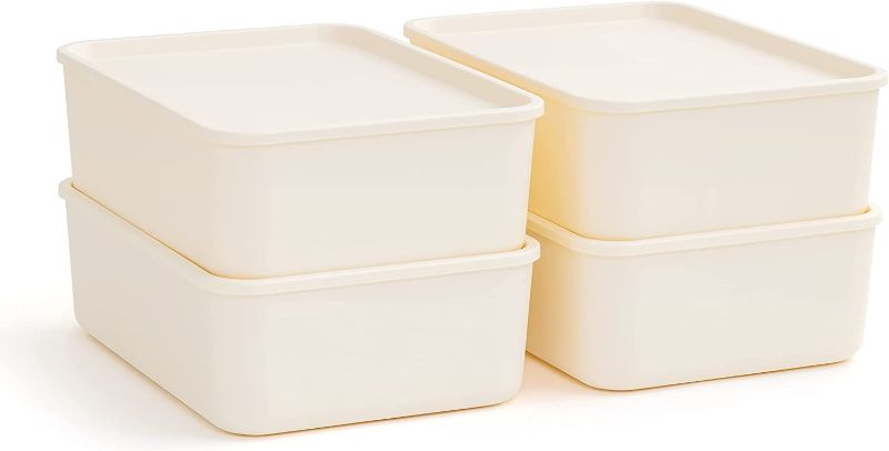 Photo 1 of IRIS USA Plastic Modular Basket Bin & Lid, Medium, 4-Pack, Stackable Lidded Storage Organizer Bins for-Kitchen-Bathroom and Bedroom, OFF White
