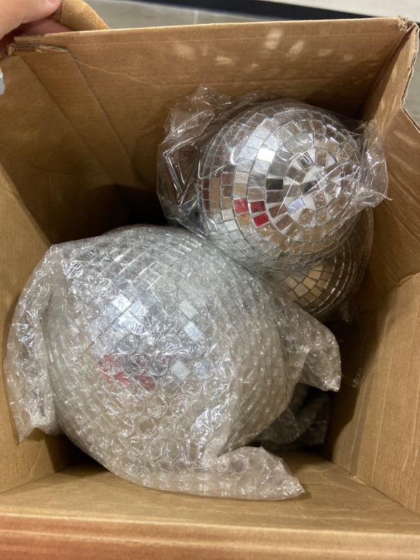 Photo 2 of 4 Pack Large Disco Ball Silver Hanging Disco Balls Reflective Mirror Ball Ornament for Party Holiday Wedding Dance and Music Festivals Decor Club Stage Props DJ Decoration (8 Inch, 6 Inch, 4 Inch)