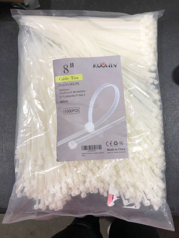 Photo 2 of 1000 Pack 8 Inch Bulk KOOWIN Nylon Plastic Cable Zip Ties Medium Wire Wraps White 