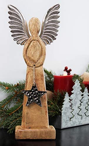 Photo 1 of  Wooden Angel Christmas Statue; Farmhouse Holiday Decor Wood and Metal Figurine