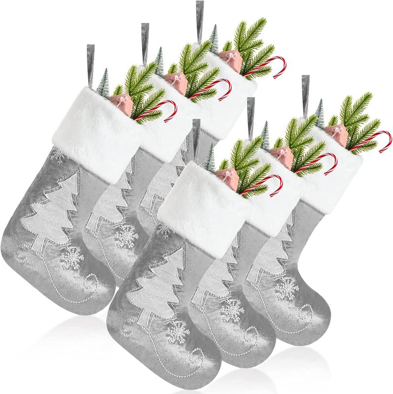 Photo 1 of 6 Pack Silver Christmas Stocking Grey Embroidered Stocking Gray Velvet Stockings Xmas Snowflake Stockings with White Faux Fur Cuff for Christmas Tree Hanging Holiday Family Home Decor 18 Inch
