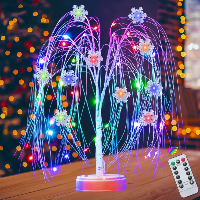 Photo 1 of 22" Lighted Willow Tree Table Decor Indoor, 40 LED Light Up Christmas Tabletop Tree with Remote, Weeping Willow Bonsai Lit Tree with Snowflake Ornaments for Living Room Bedroom Decor, Colorful