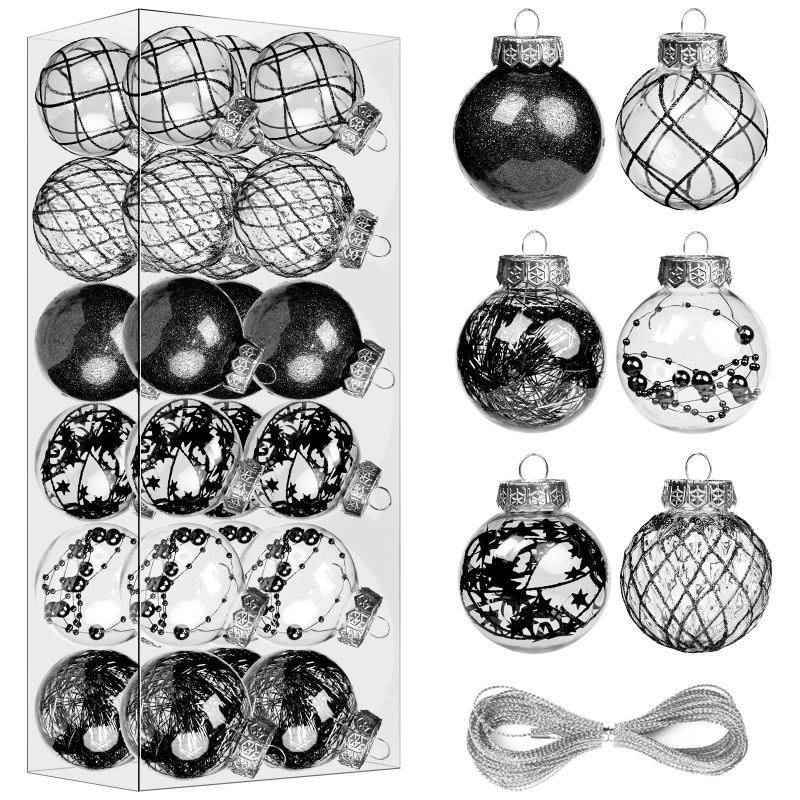 Photo 1 of DomeStar 24PCS 2.4" Black Christmas Ball Ornaments, Blacj Glitter Shatterproof Ball Hanging Ornaments Clear Baubles Stuffed with Shiny Decorations for Xmas Tree Wedding
