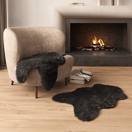 Photo 1 of Rova Home Soft Fluffy Faux Fur Accent Rug - Fuzzy Shag Rugs for Bedroom, Living Room & Nursery - Furry Sheepskin Carpet & Plush Shaggy Chair Throw (Black)
